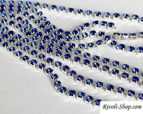 Стразовий ланцюг Preciosa, ss 8,5 (2.4-2.5 мм), колір Sapphire / срібло, 10 см